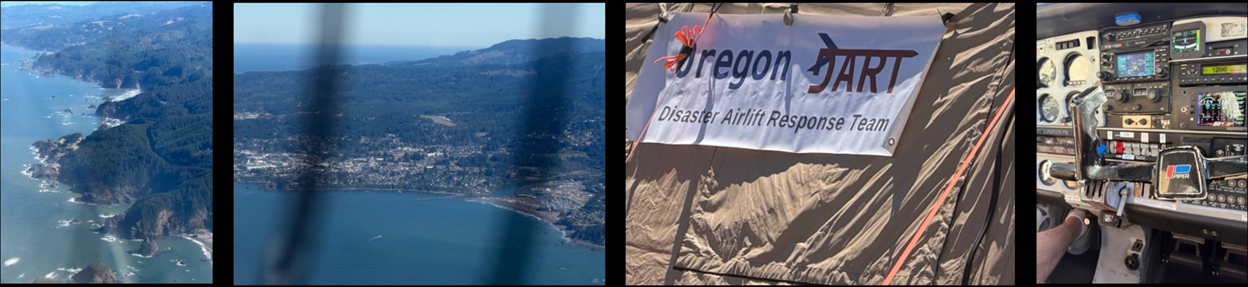 Four views: the southern Oregon coastline, a coastal town on the reconnaissance route, the Oregon DART staging tent, and the cockpit of the Piper