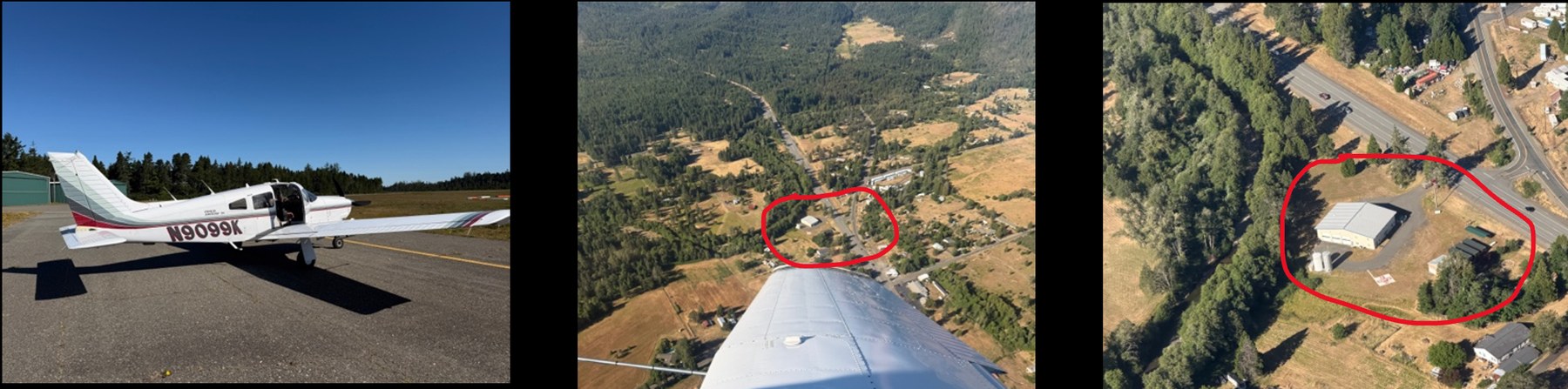 Three views from the drill: the Piper Arrow on the ramp, a wing-down pass over a rural community, and a community supply cache circled from the air