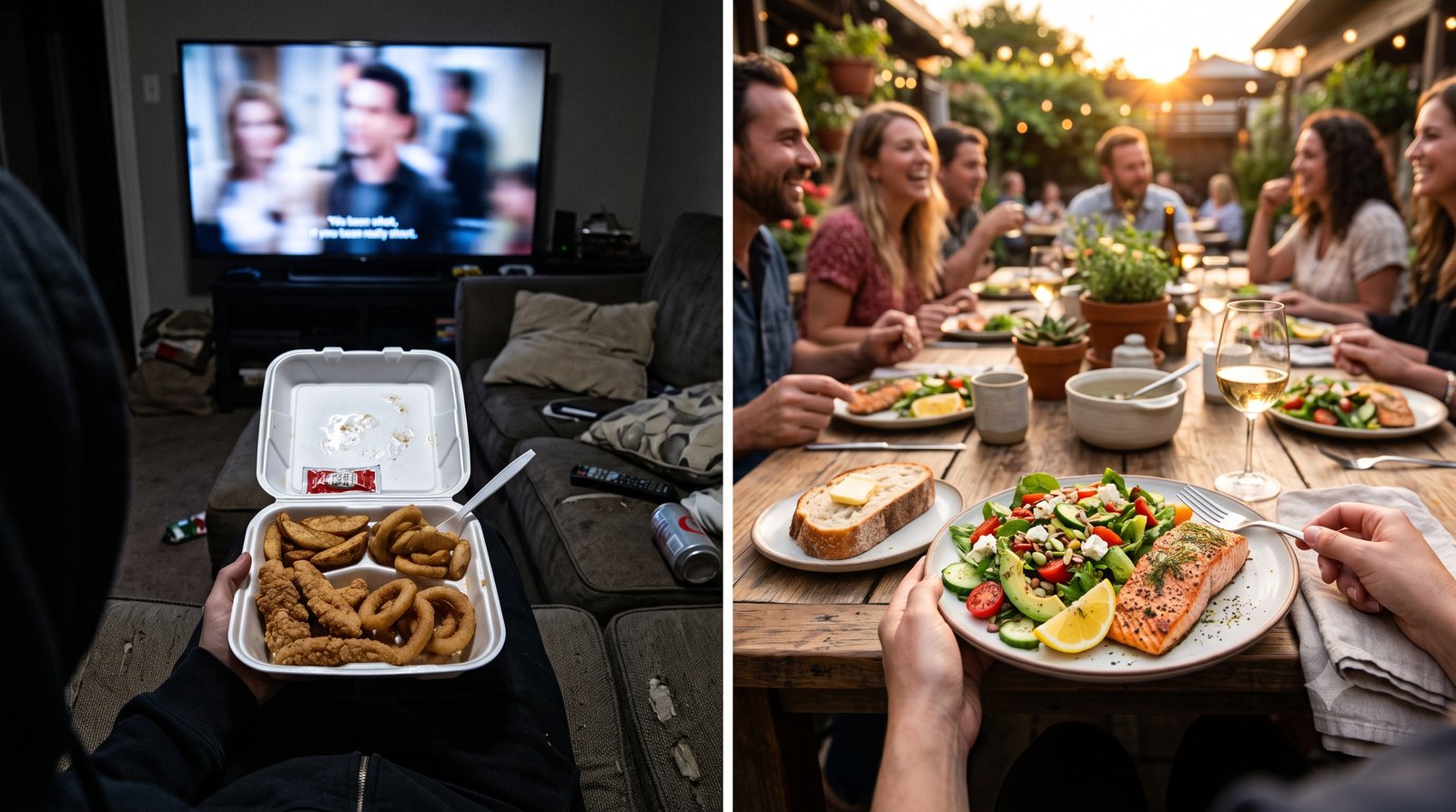 Split image: solitary takeout versus a shared home-cooked dinner