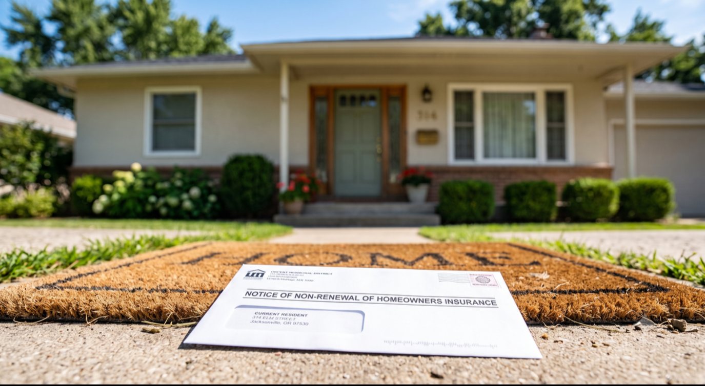 A non-renewal insurance notice on a doormat in front of a house