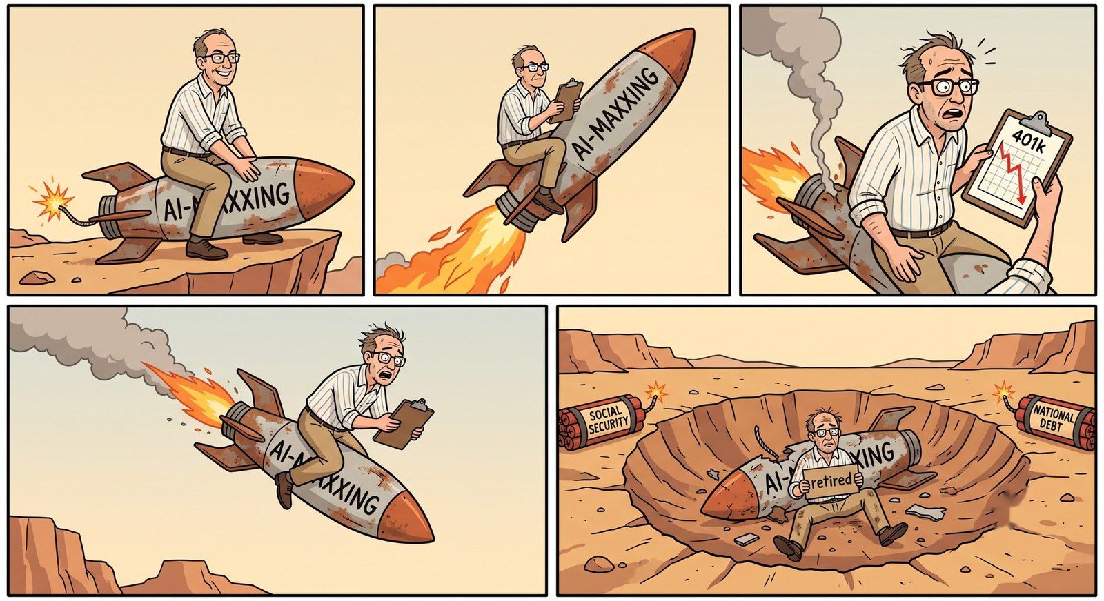 Cartoon: riding an AI-MAXXING rocket off a cliff